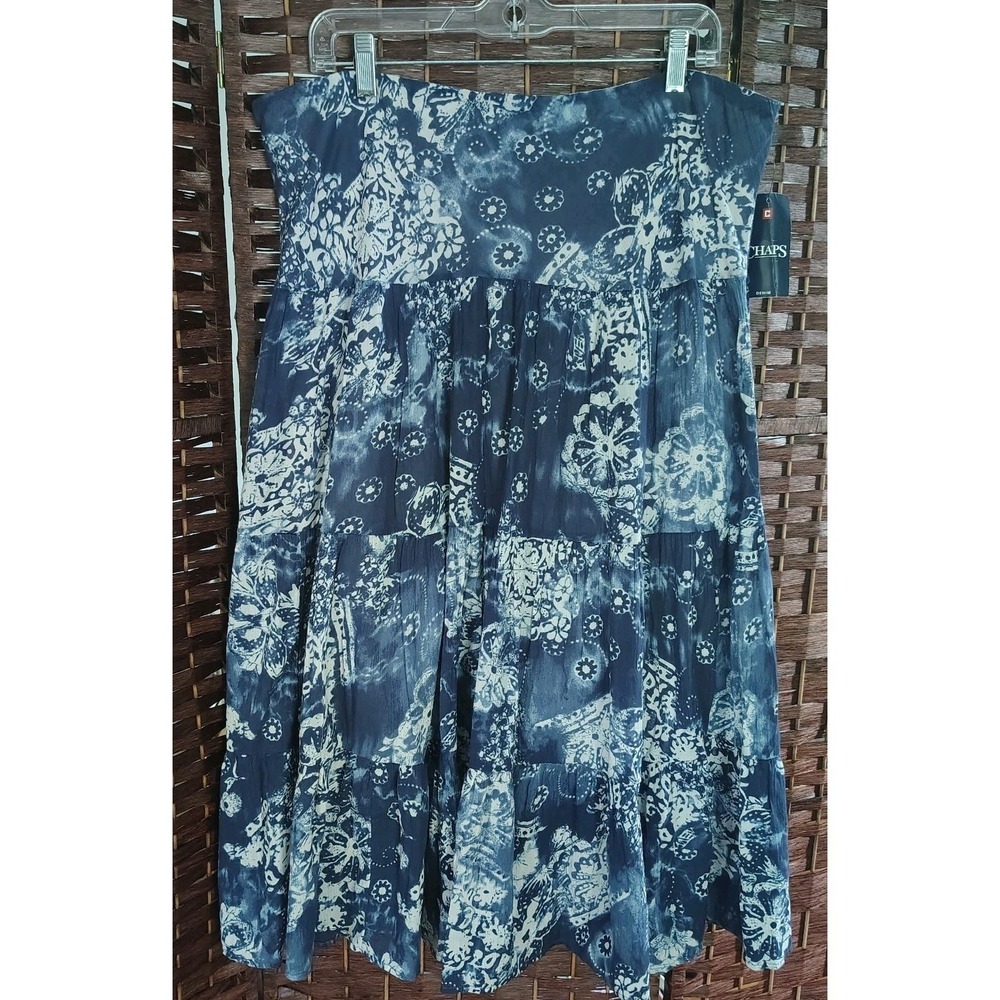 Chaps‎ Midi Skirt Women's Size XL Blue Floral  Elastic Waist Lined Tie Dye Boho